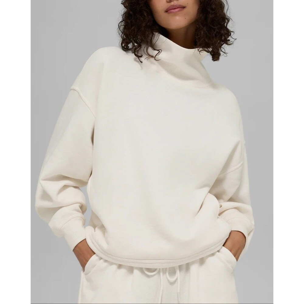 Alo Hazy Mock Neck Pullover Sweater White S Oversized Athleisure Lounge